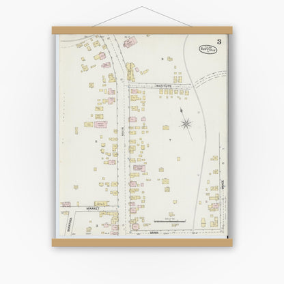 Old map wall art mockup — magnetic wood frame on white wall — Sanborn Fire Insurance Map from Suffolk, Independent Cities, Virginia (1889), Sheet #0003