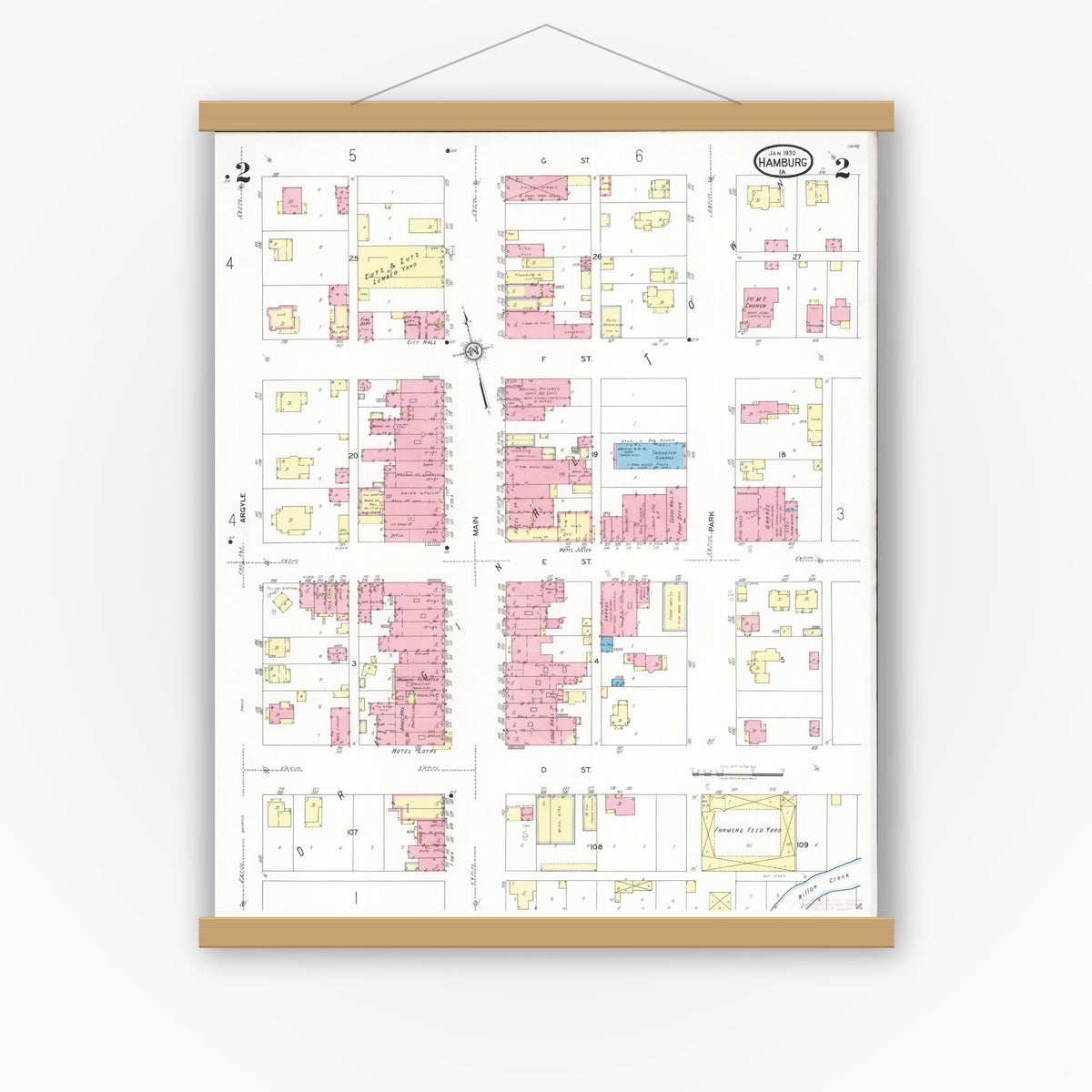 Old map wall art mockup — magnetic wood frame on white wall — Sanborn Fire Insurance Map from Hamburg, Fremont County, Iowa (1930), Sheet #0002