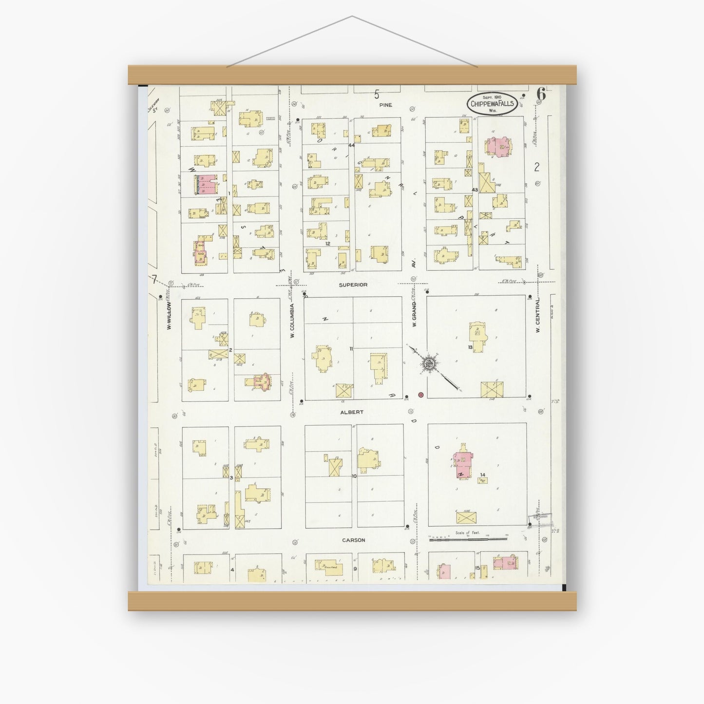 Old map wall art mockup — magnetic wood frame on white wall — Sanborn Fire Insurance Map from Chippewa Falls, Chippewa County, Wisconsin (1910), Sheet #0006