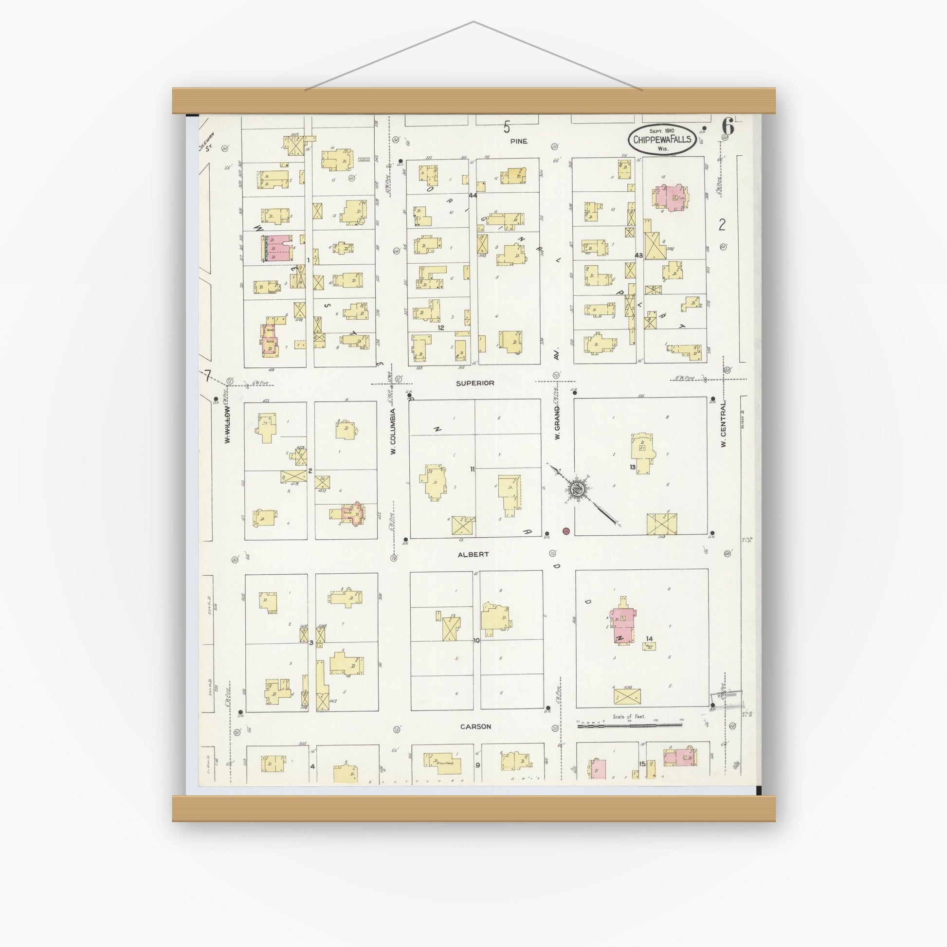 Old map wall art mockup — magnetic wood frame on white wall — Sanborn Fire Insurance Map from Chippewa Falls, Chippewa County, Wisconsin (1910), Sheet #0006