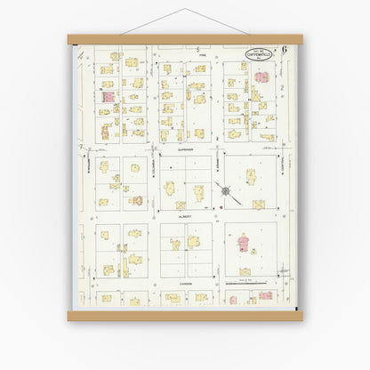 Old map wall art mockup — magnetic wood frame on white wall — Sanborn Fire Insurance Map from Chippewa Falls, Chippewa County, Wisconsin (1910), Sheet #0006