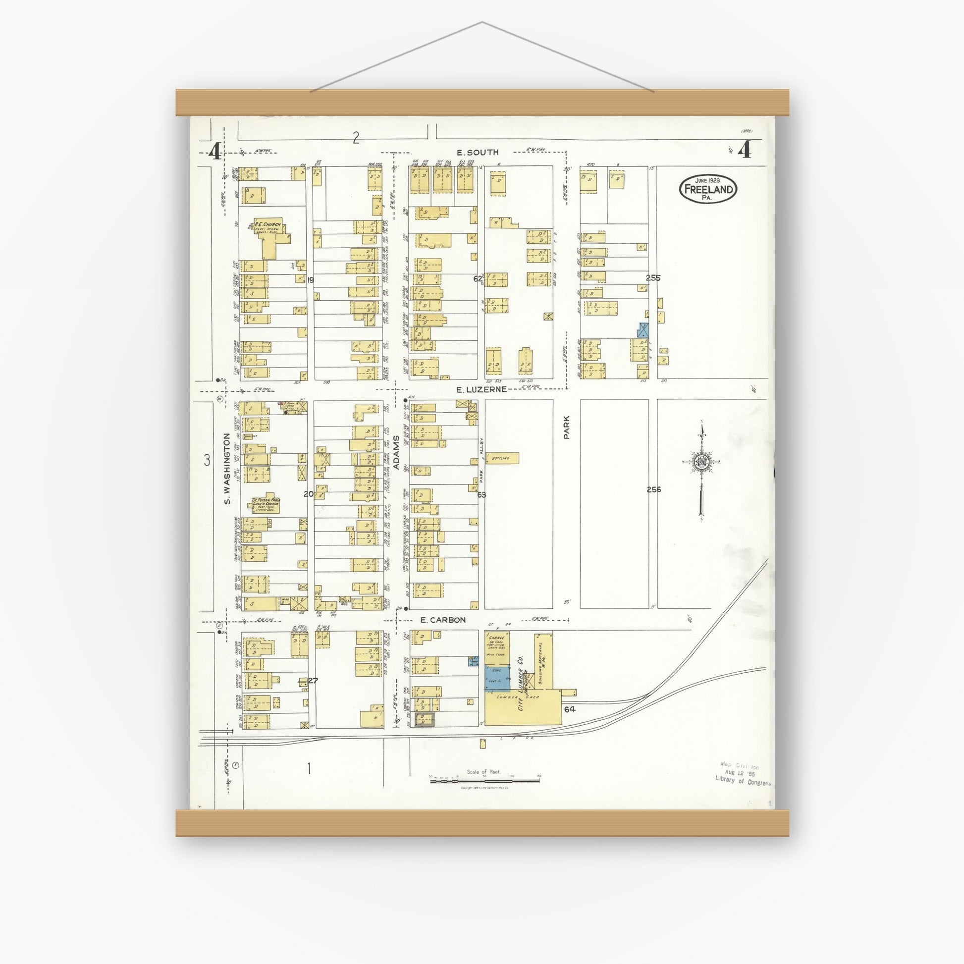 Old map wall art mockup — magnetic wood frame on white wall — Sanborn Fire Insurance Map from Freeland, Luzerne County, Pennsylvania (1923), Sheet #0004