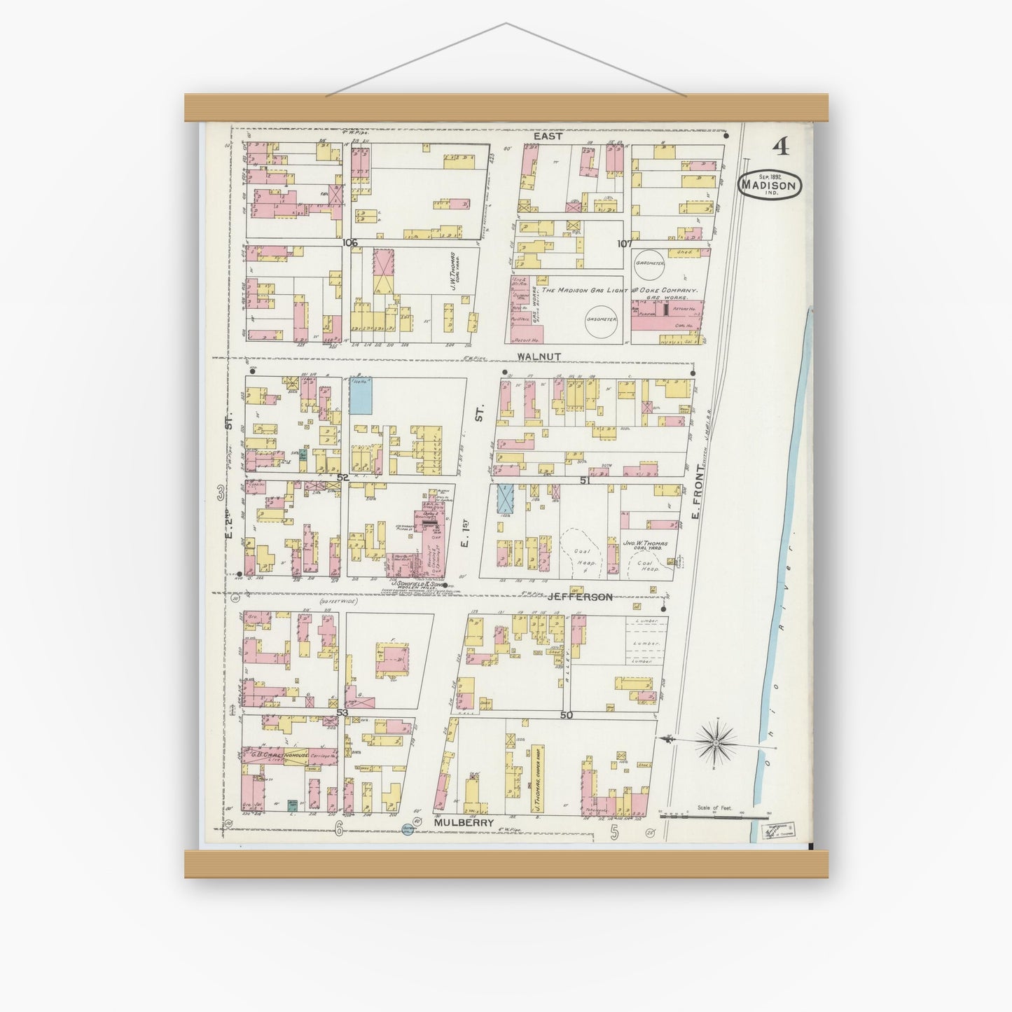 Old map wall art mockup — magnetic wood frame on white wall — Sanborn Fire Insurance Map from Madison, Jefferson County, Indiana (1892), Sheet #0004