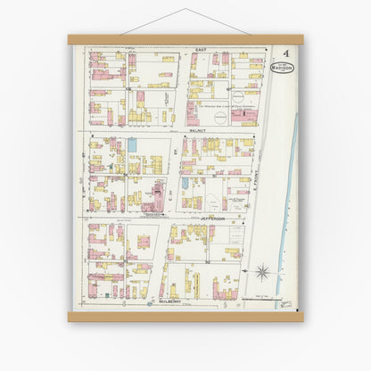 Old map wall art mockup — magnetic wood frame on white wall — Sanborn Fire Insurance Map from Madison, Jefferson County, Indiana (1892), Sheet #0004
