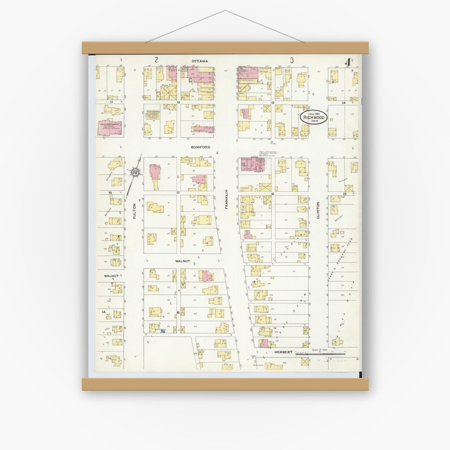 Old map wall art mockup — magnetic wood frame on white wall — Sanborn Fire Insurance Map from Richwood, Union County, Ohio (1910), Sheet #0004