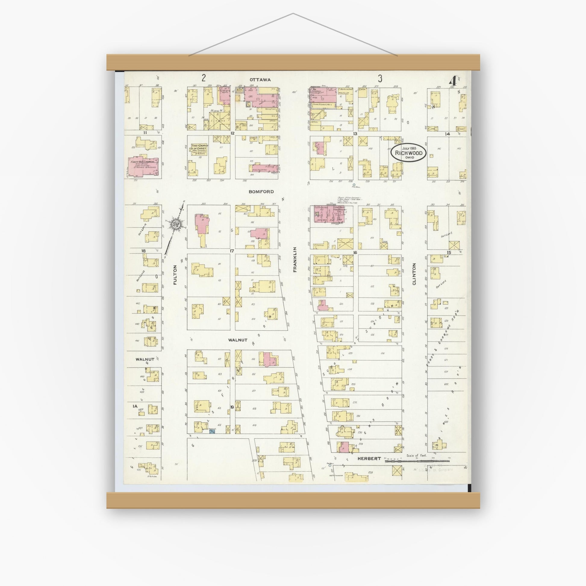 Old map wall art mockup — magnetic wood frame on white wall — Sanborn Fire Insurance Map from Richwood, Union County, Ohio (1910), Sheet #0004