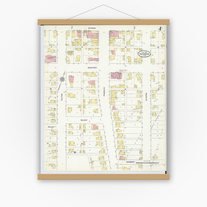 Old map wall art mockup — magnetic wood frame on white wall — Sanborn Fire Insurance Map from Richwood, Union County, Ohio (1910), Sheet #0004