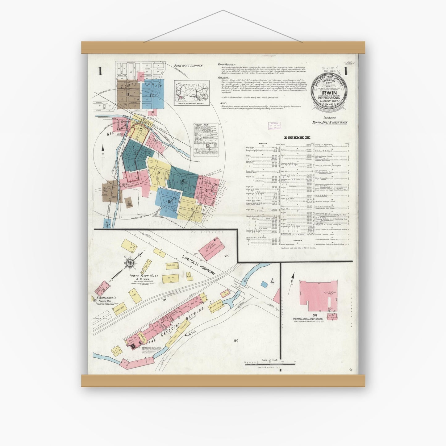 Old map wall art mockup — magnetic wood frame on white wall — Sanborn Fire Insurance Map from Irwin, Westmoreland County, Pennsylvania (1925), Sheet #0001
