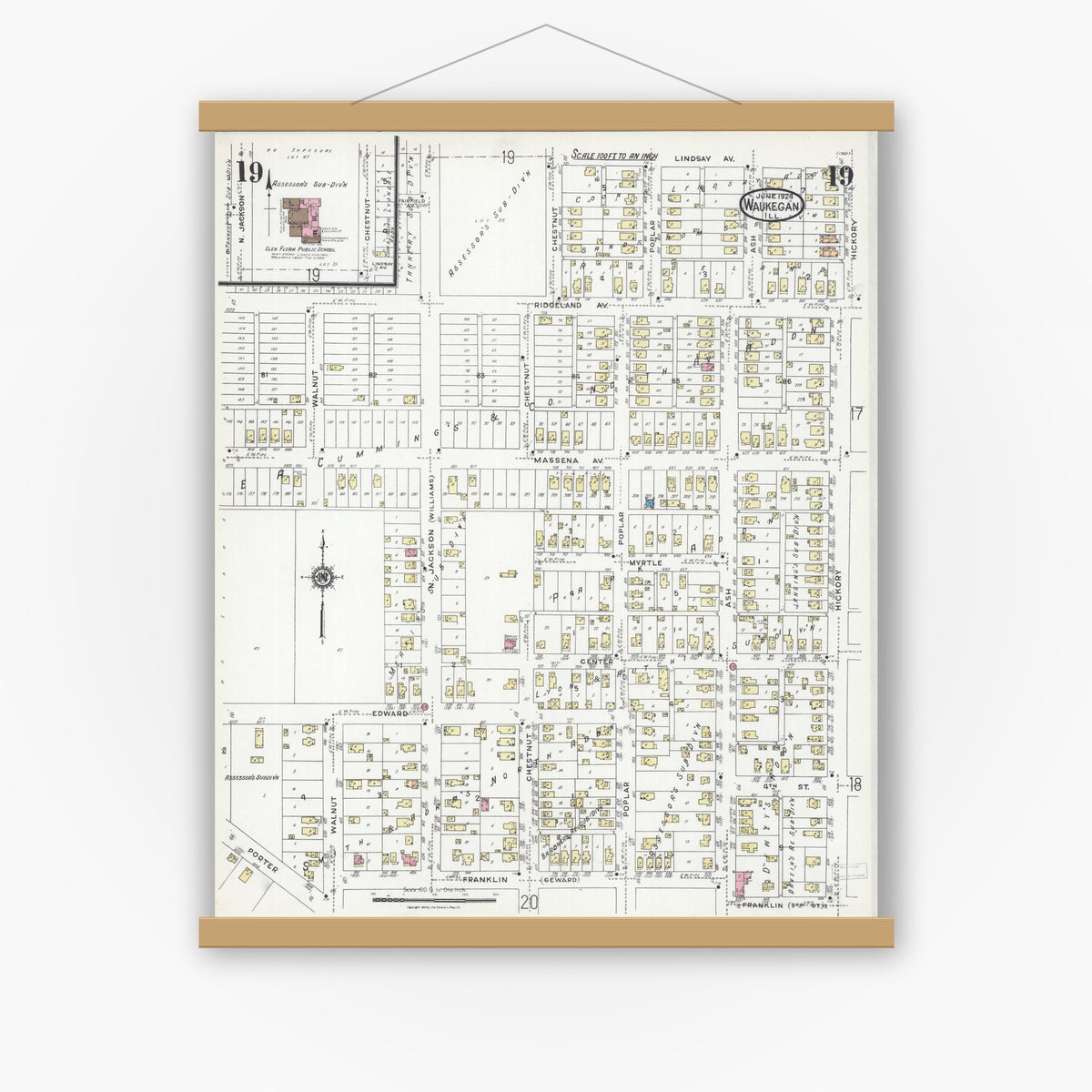 Old map wall art mockup — magnetic wood frame on white wall — Sanborn Fire Insurance Map from Waukegan, Lake County, Illinois (1924), Sheet #0019
