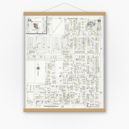 Old map wall art mockup — magnetic wood frame on white wall — Sanborn Fire Insurance Map from Waukegan, Lake County, Illinois (1924), Sheet #0019