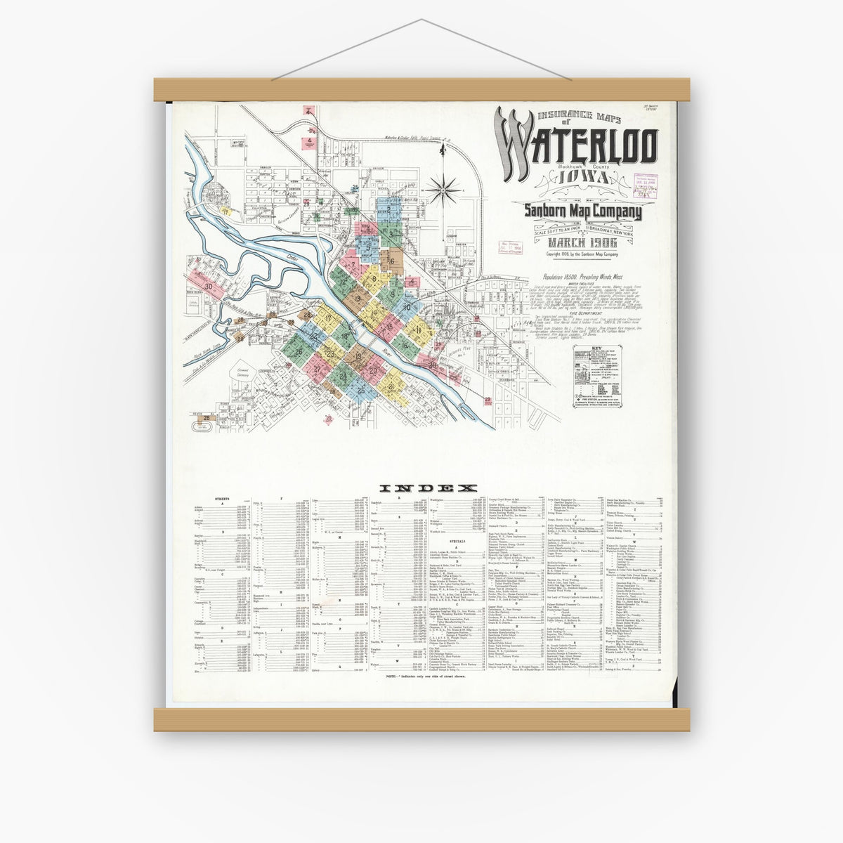 Old map wall art mockup — magnetic wood frame on white wall — Sanborn Fire Insurance Map from Waterloo, Black Hawk County, Iowa (1906), Sheet #0001
