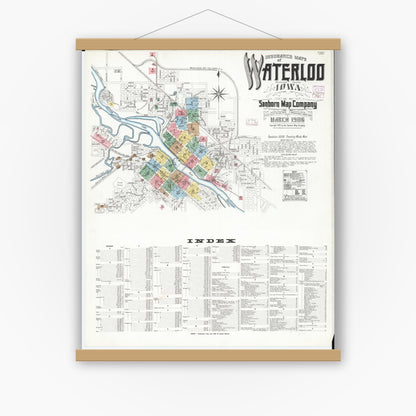 Old map wall art mockup — magnetic wood frame on white wall — Sanborn Fire Insurance Map from Waterloo, Black Hawk County, Iowa (1906), Sheet #0001