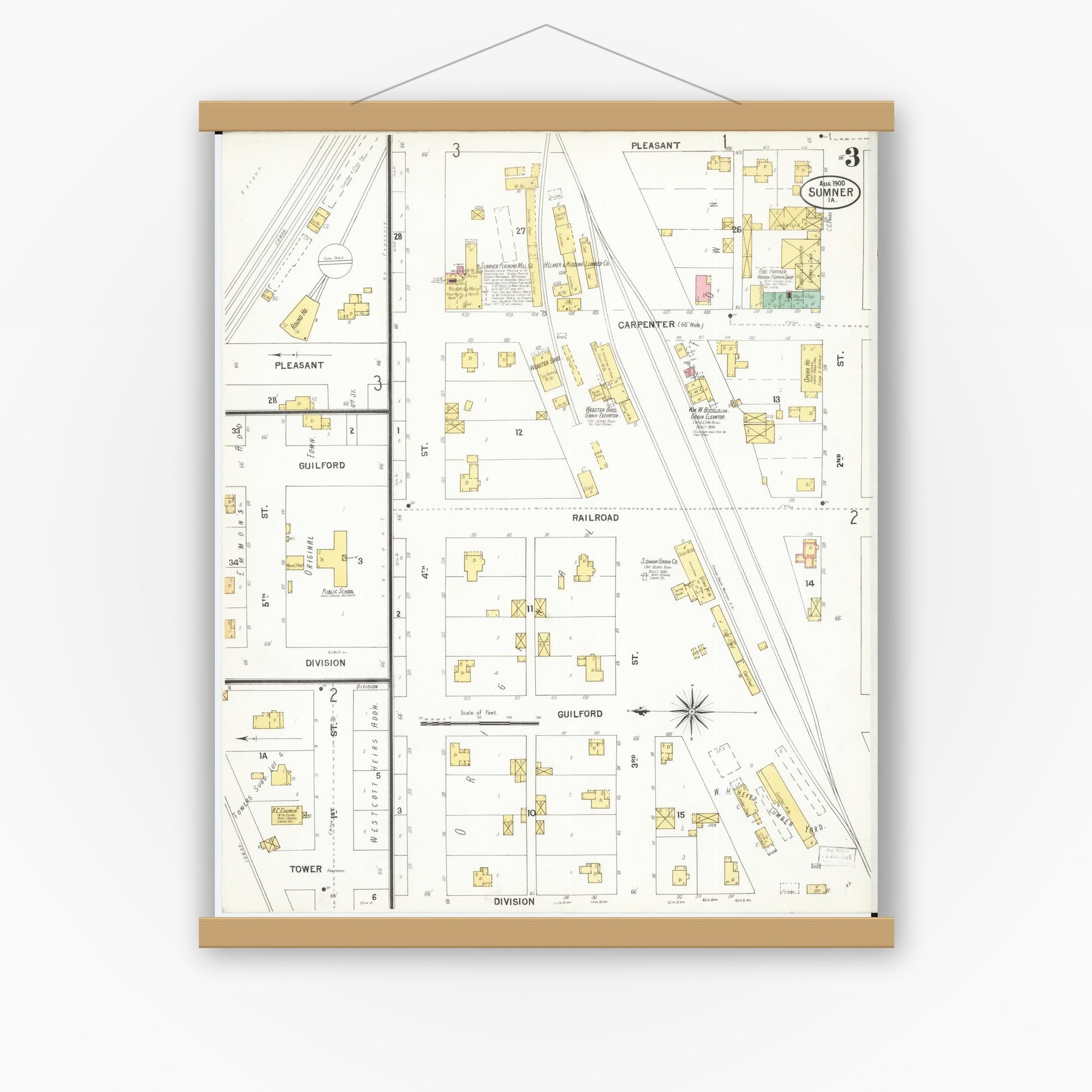 Old map wall art mockup — magnetic wood frame on white wall — Sanborn Fire Insurance Map from Sumner, Bremer County, Iowa (1900), Sheet #0003