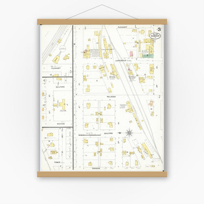 Old map wall art mockup — magnetic wood frame on white wall — Sanborn Fire Insurance Map from Sumner, Bremer County, Iowa (1900), Sheet #0003