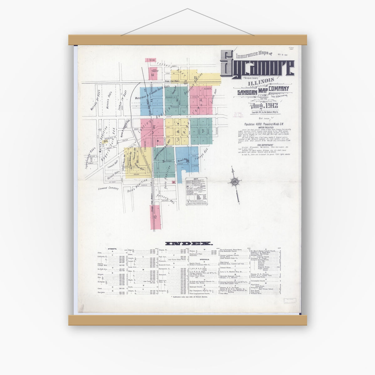 Old map wall art mockup — magnetic wood frame on white wall — Sanborn Fire Insurance Map from Sycamore, De Kalb County, Illinois (1912) - Complete Map Set
