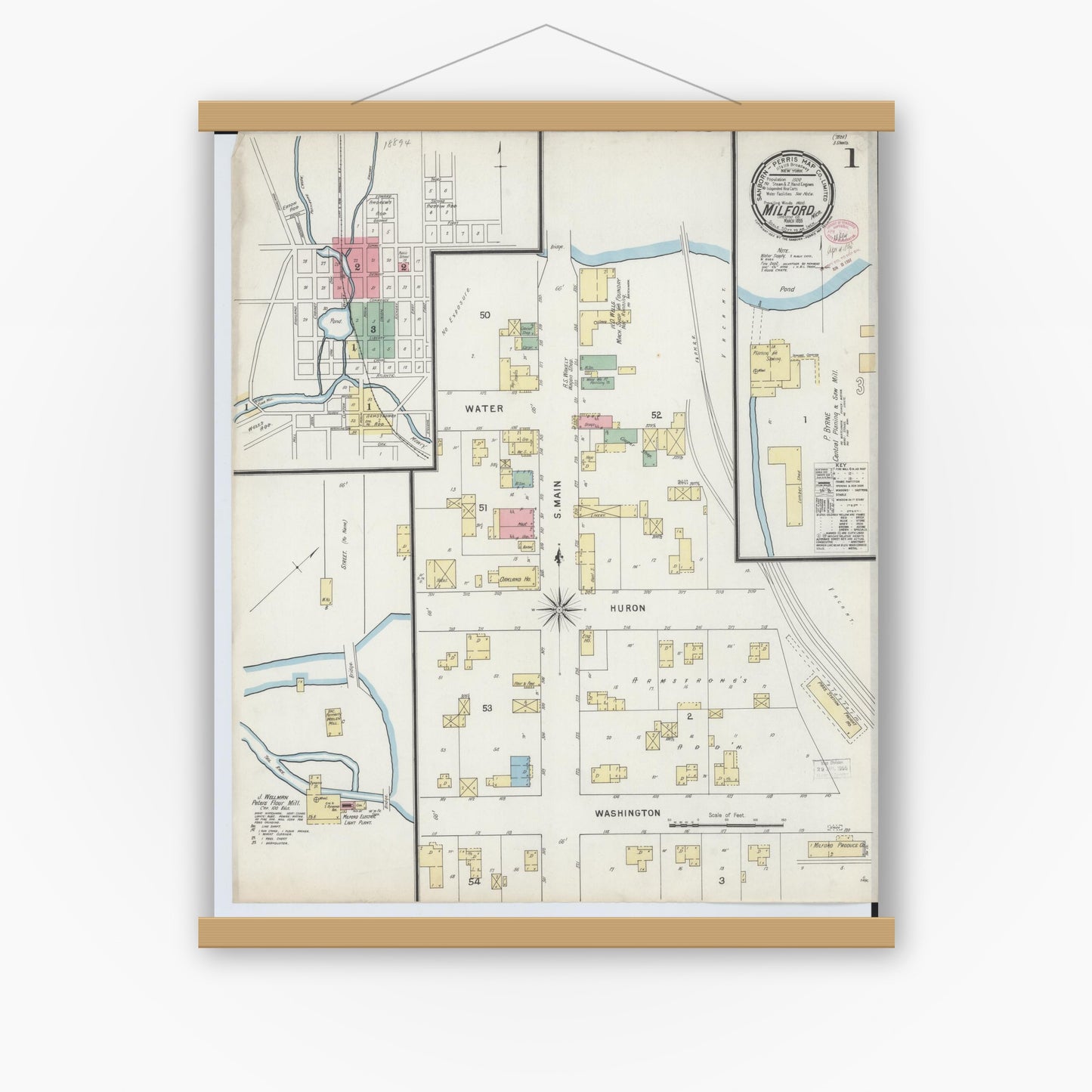 Old map wall art mockup — magnetic wood frame on white wall — Sanborn Fire Insurance Map from Milford, Oakland County, Michigan (1895) - Complete Map Set