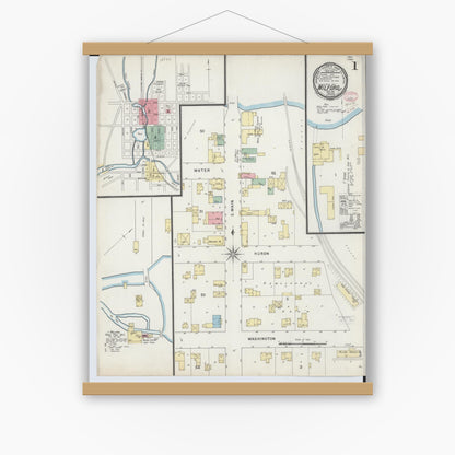 Old map wall art mockup — magnetic wood frame on white wall — Sanborn Fire Insurance Map from Milford, Oakland County, Michigan (1895) - Complete Map Set