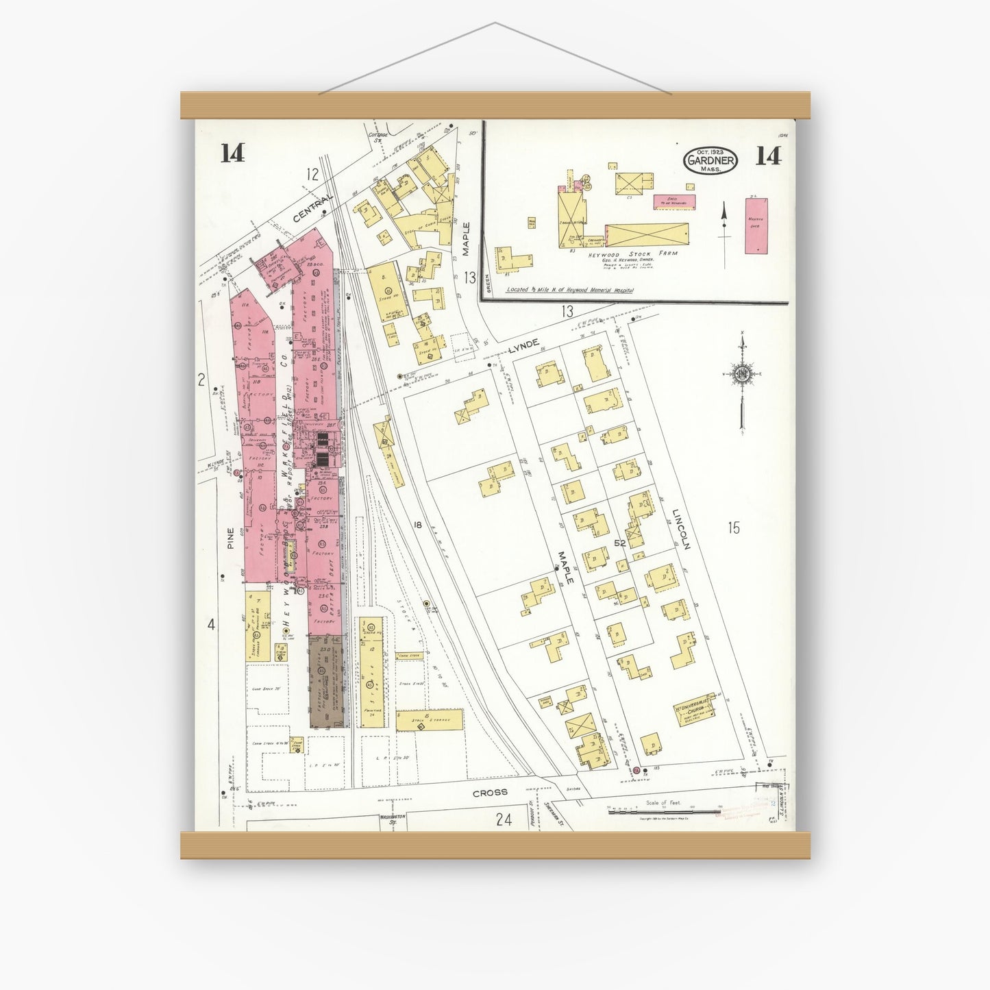 Old map wall art mockup — magnetic wood frame on white wall — Sanborn Fire Insurance Map from Gardner, Worcester County, Massachusetts (1923), Sheet #0014