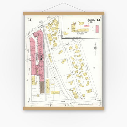 Old map wall art mockup — magnetic wood frame on white wall — Sanborn Fire Insurance Map from Gardner, Worcester County, Massachusetts (1923), Sheet #0014