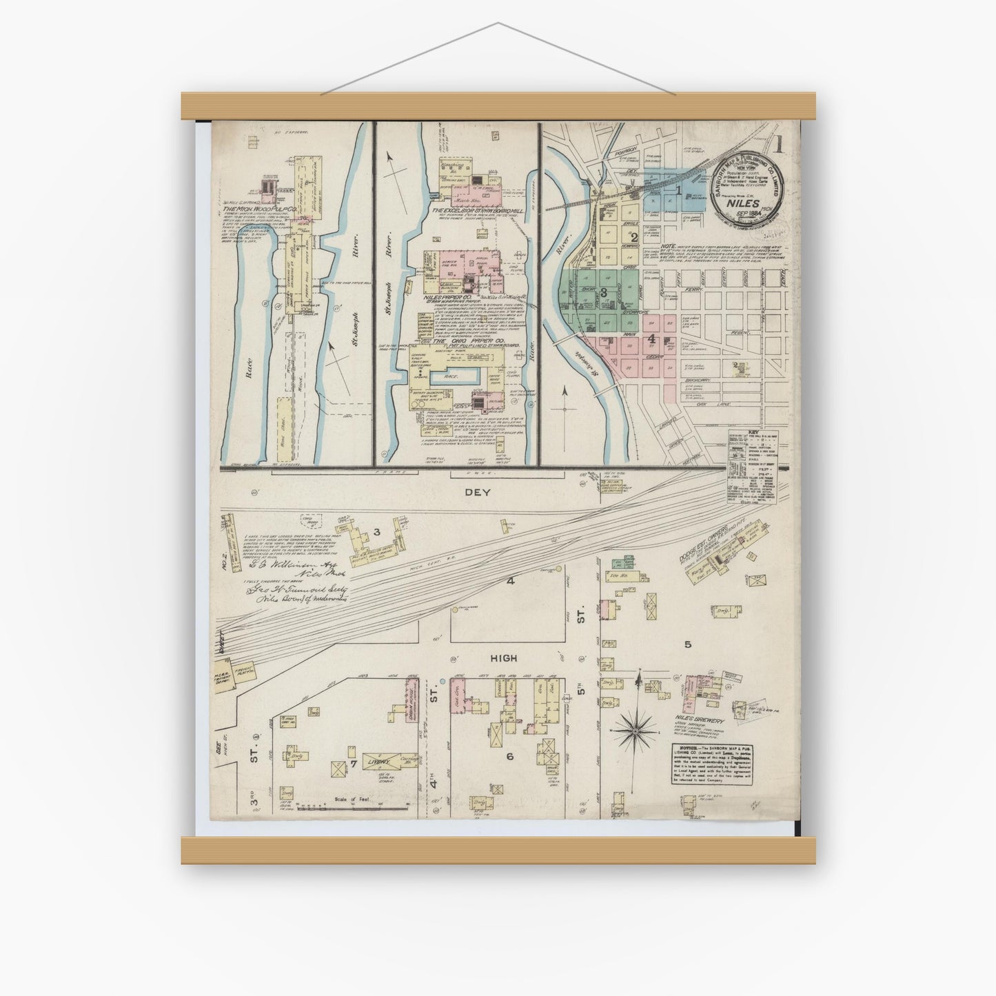 Old map wall art mockup — magnetic wood frame on white wall — Sanborn Fire Insurance Map from Niles, Berrien County, Michigan (1884) - Complete Map Set