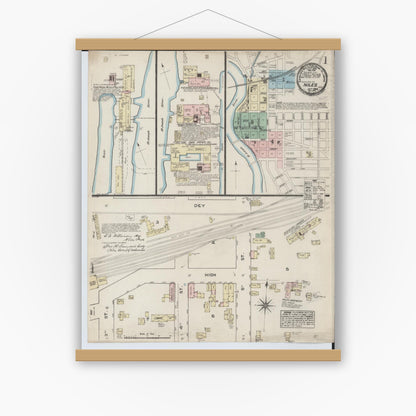 Old map wall art mockup — magnetic wood frame on white wall — Sanborn Fire Insurance Map from Niles, Berrien County, Michigan (1884) - Complete Map Set