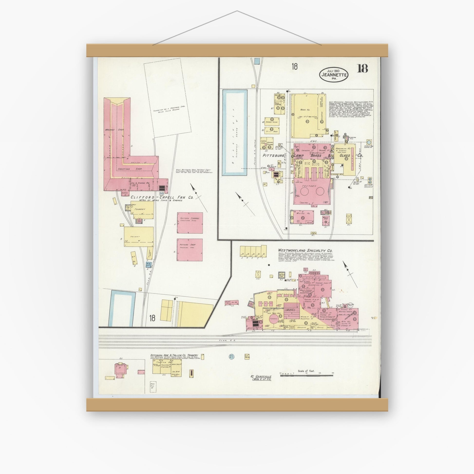 Old map wall art mockup — magnetic wood frame on white wall — Sanborn Fire Insurance Map from Jeannette, Westmoreland County, Pennsylvania (1910), Sheet #0018