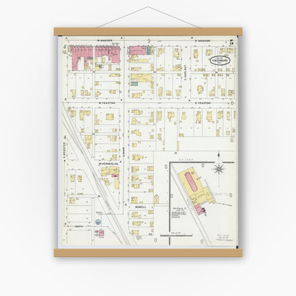 Old map wall art mockup — magnetic wood frame on white wall — Sanborn Fire Insurance Map from Gibsonburg, Sandusky County, Ohio (1902), Sheet #0005