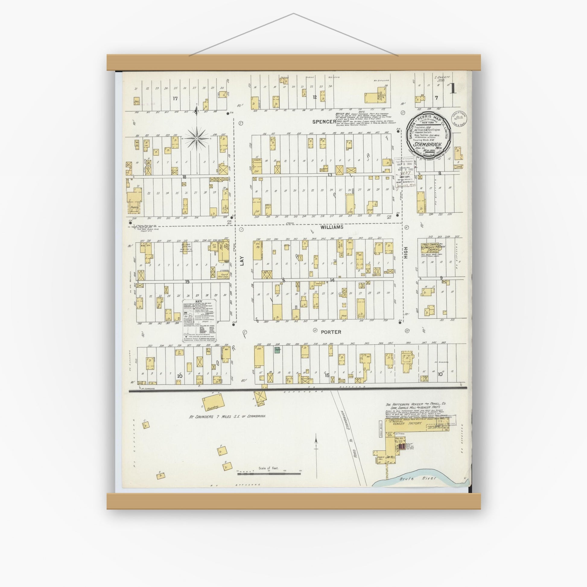Old map wall art mockup — magnetic wood frame on white wall — Sanborn Fire Insurance Map from Stambaugh, Iron County, Michigan (1900) - Complete Map Set
