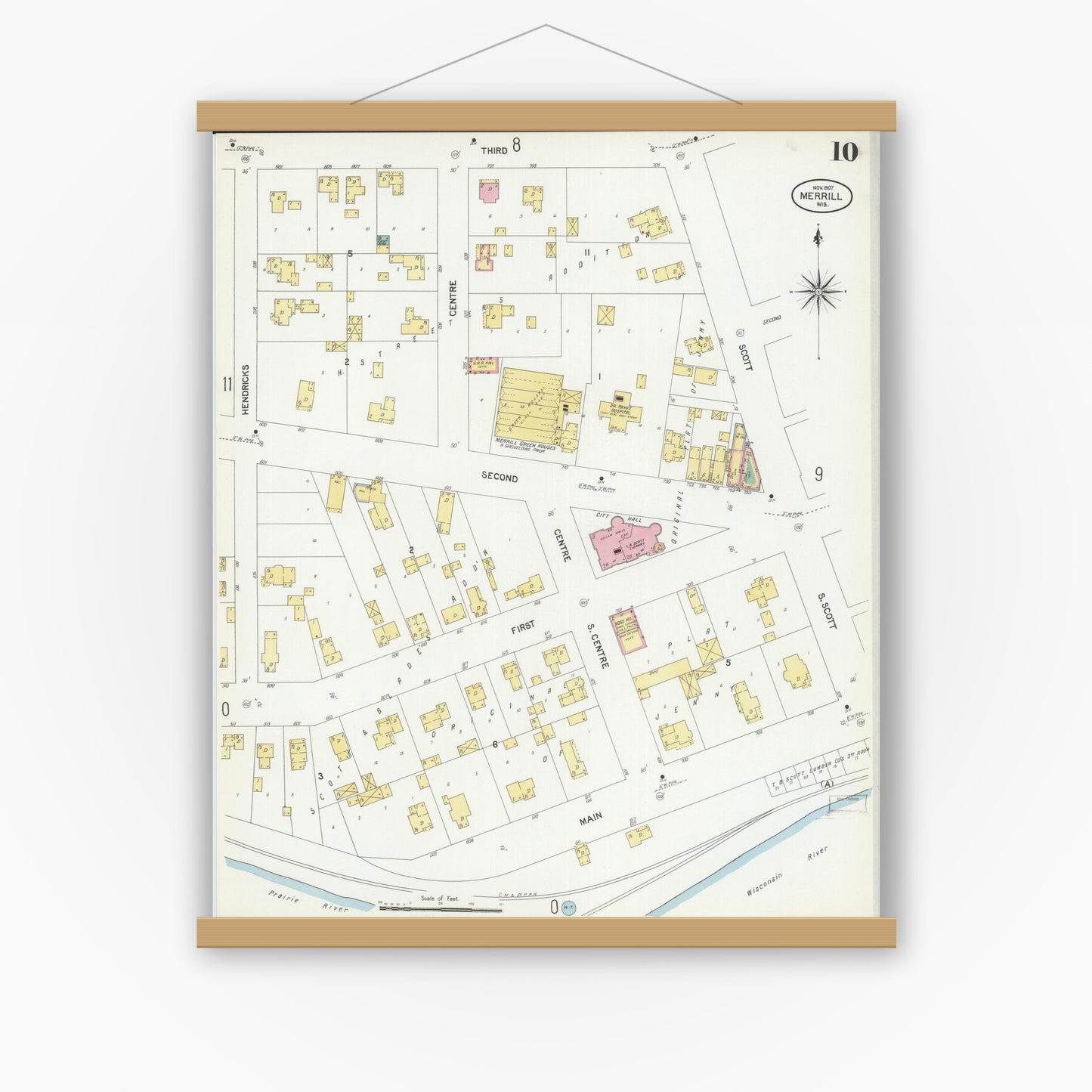Old map wall art mockup — magnetic wood frame on white wall — Sanborn Fire Insurance Map from Merrill, Lincoln County, Wisconsin (1907), Sheet #0010