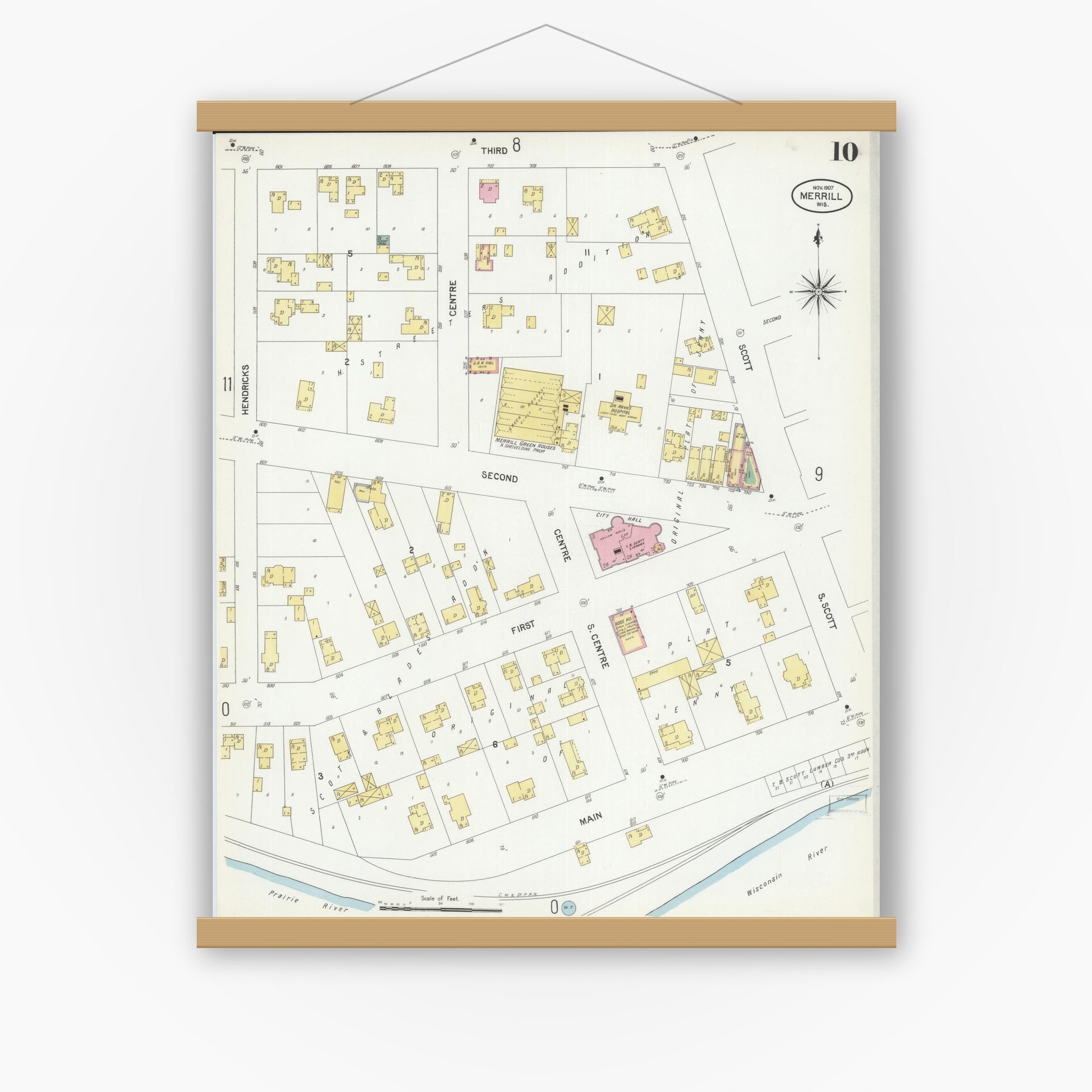 Old map wall art mockup — magnetic wood frame on white wall — Sanborn Fire Insurance Map from Merrill, Lincoln County, Wisconsin (1907), Sheet #0010