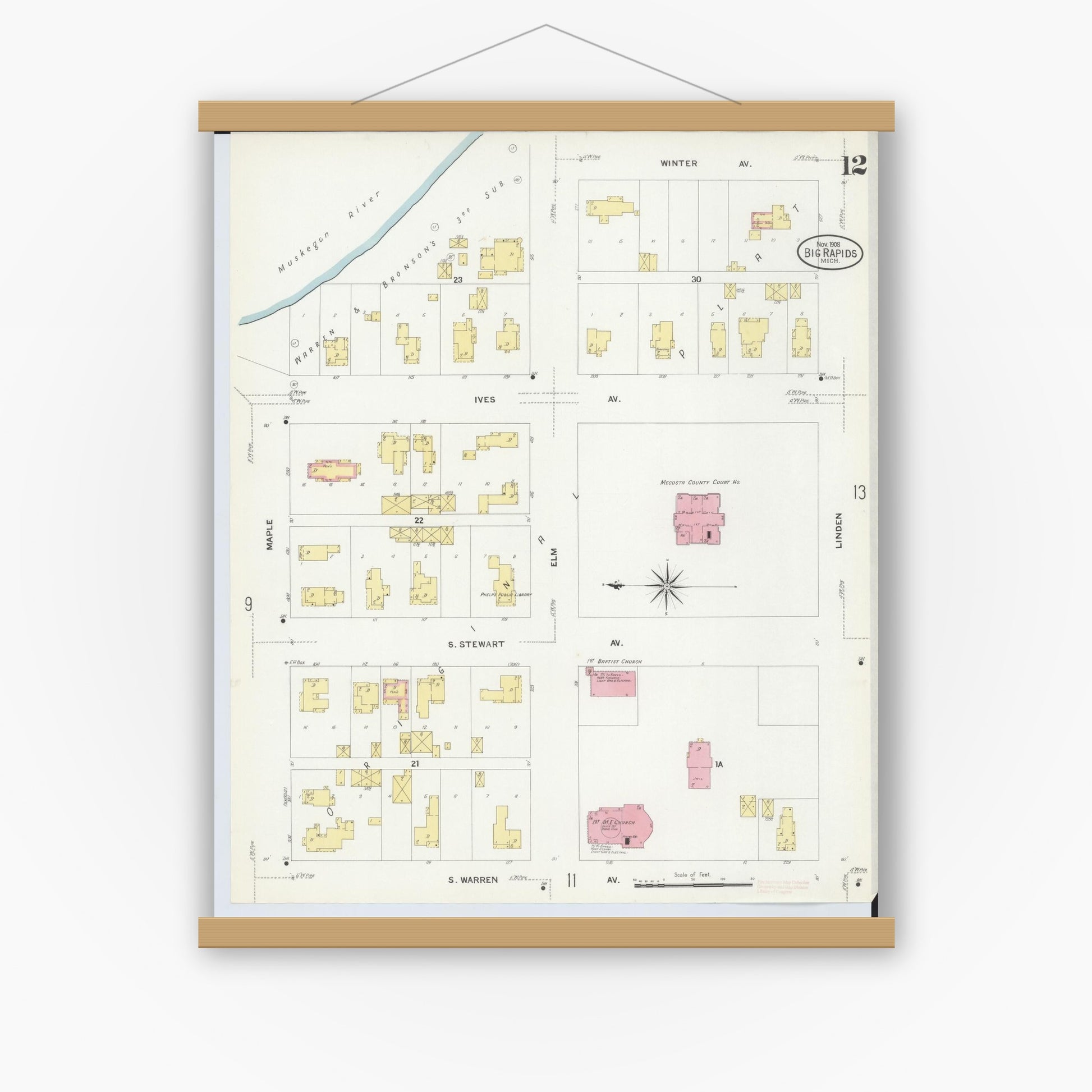 Old map wall art mockup — magnetic wood frame on white wall — Sanborn Fire Insurance Map from Big Rapids, Mecosta County, Michigan (1908), Sheet #0012