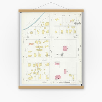 Old map wall art mockup — magnetic wood frame on white wall — Sanborn Fire Insurance Map from Big Rapids, Mecosta County, Michigan (1908), Sheet #0012