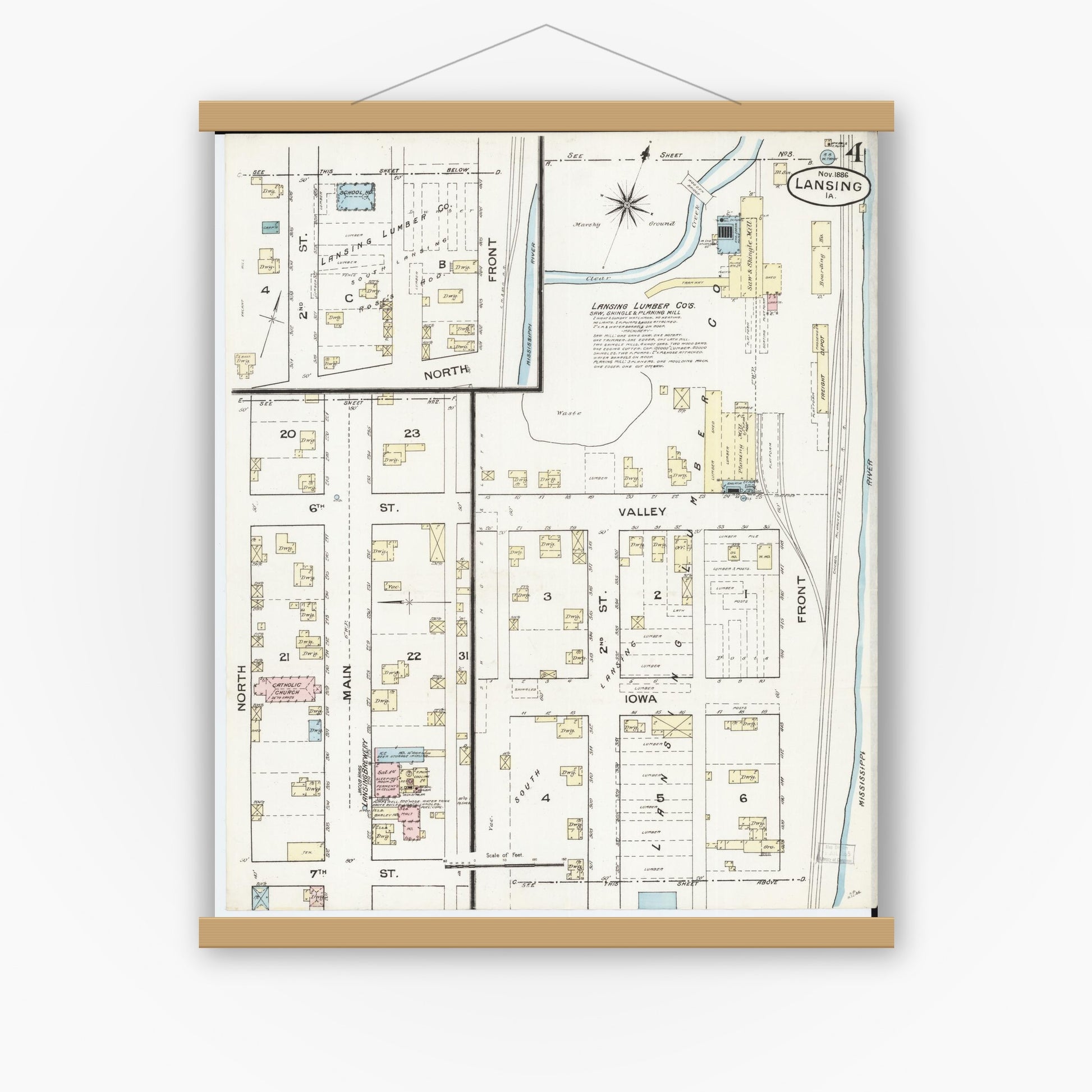 Old map wall art mockup — magnetic wood frame on white wall — Sanborn Fire Insurance Map from Lansing, Allamakee County, Iowa (1886), Sheet #0004