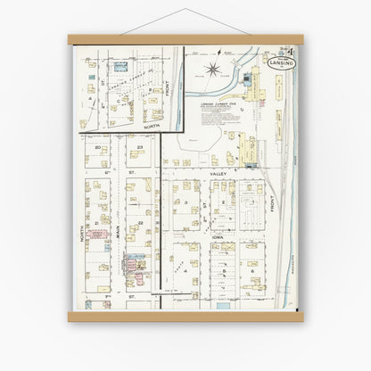 Old map wall art mockup — magnetic wood frame on white wall — Sanborn Fire Insurance Map from Lansing, Allamakee County, Iowa (1886), Sheet #0004