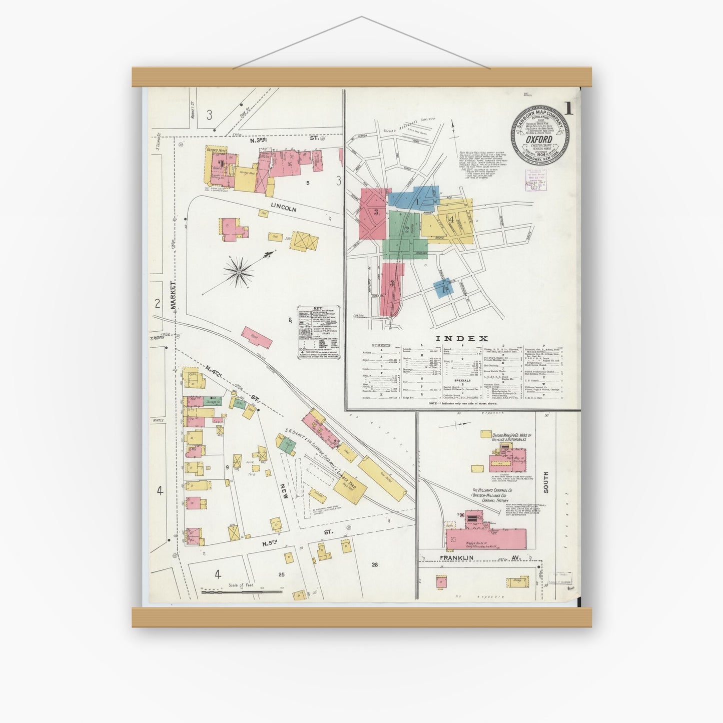 Old map wall art mockup — magnetic wood frame on white wall — Sanborn Fire Insurance Map from Oxford, Chester County, Pennsylvania (1904) - Complete Map Set