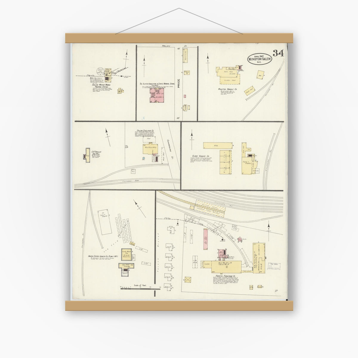 Old map wall art mockup — magnetic wood frame on white wall — Sanborn Fire Insurance Map from Winston-Salem, Forsyth County, North Carolina (1907), Sheet #0034
