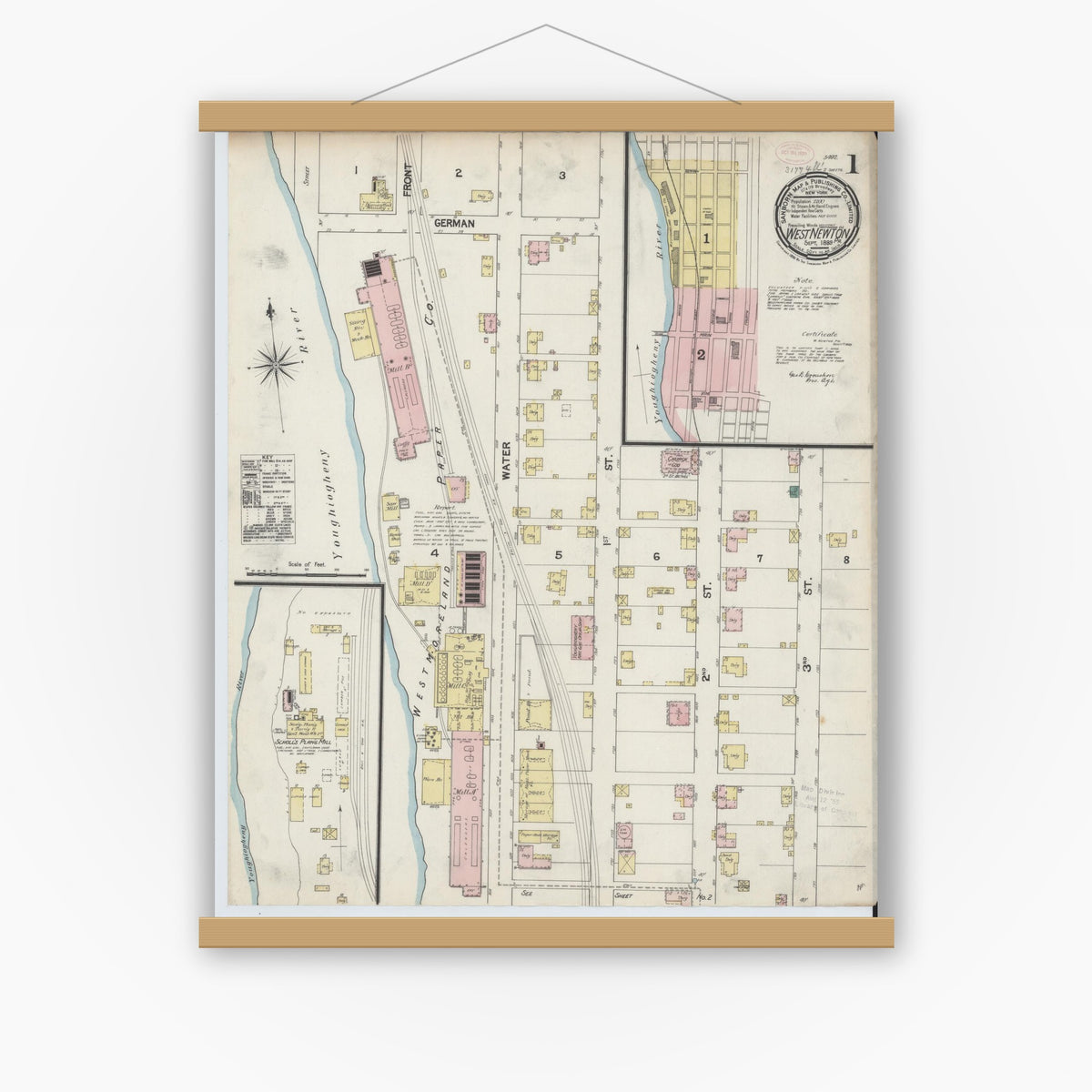 Old map wall art mockup — magnetic wood frame on white wall — Sanborn Fire Insurance Map from West Newton, Westmoreland County, Pennsylvania (1899), Sheet #0001