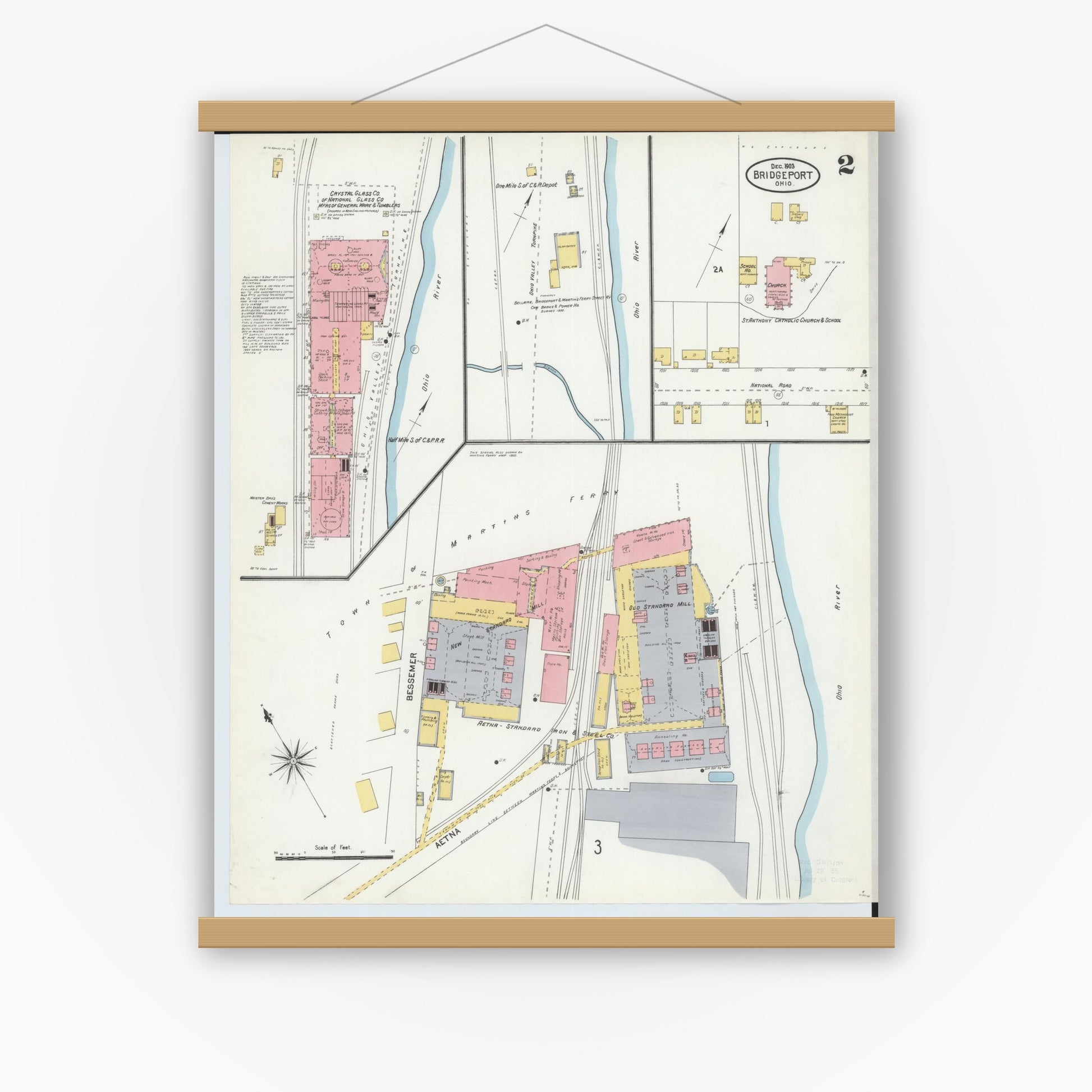 Old map wall art mockup — magnetic wood frame on white wall — Sanborn Fire Insurance Map from Bridgeport, Belmont County, Ohio (1903), Sheet #0002