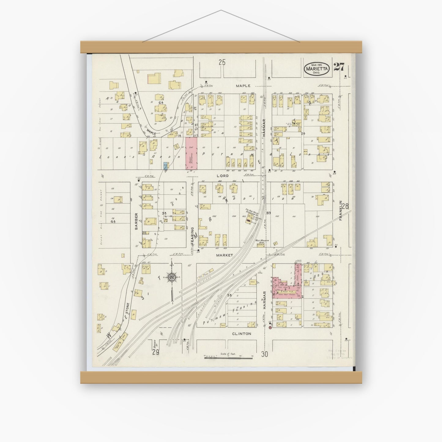 Old map wall art mockup — magnetic wood frame on white wall — Sanborn Fire Insurance Map from Marietta, Washington County, Ohio (1915), Sheet #0027