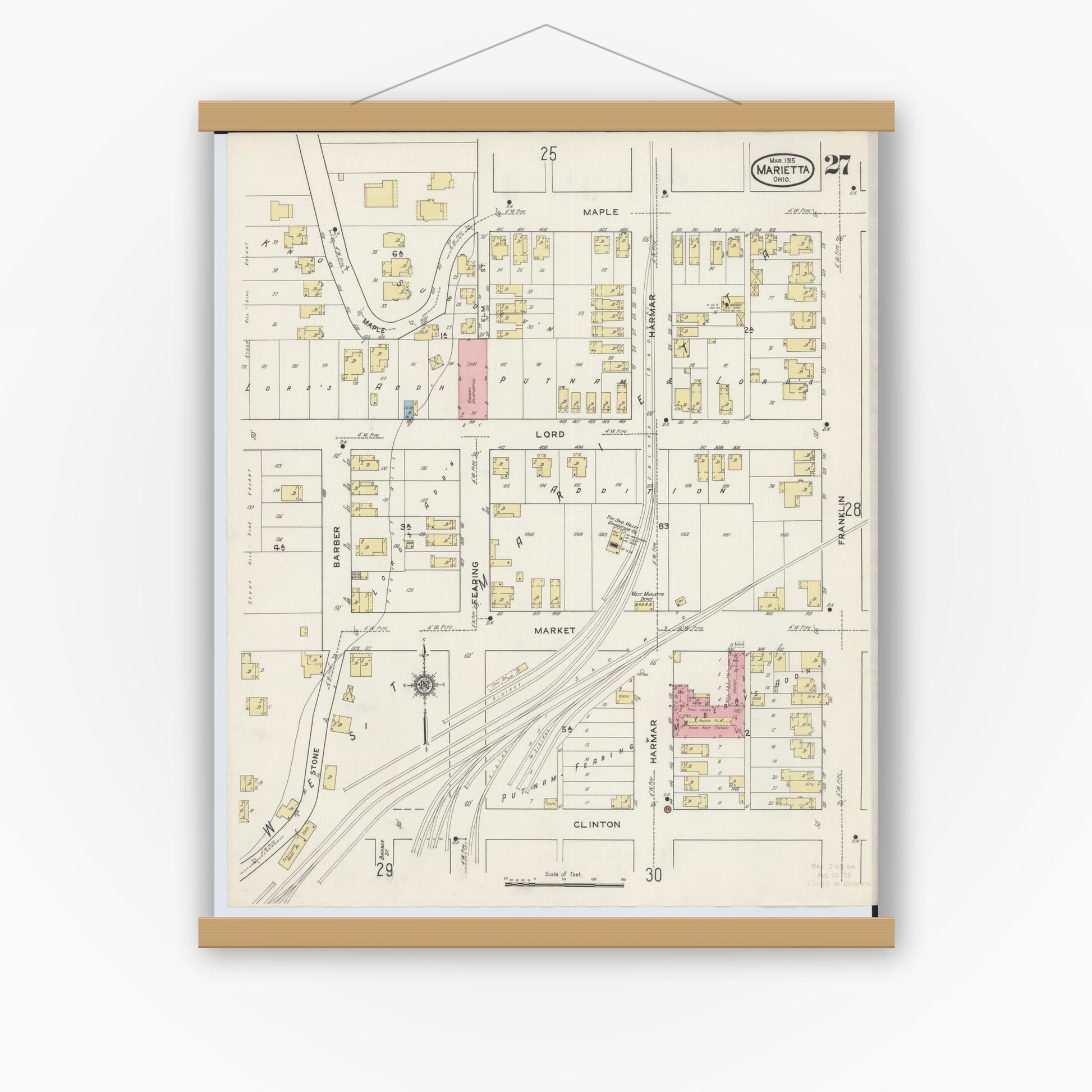 Old map wall art mockup — magnetic wood frame on white wall — Sanborn Fire Insurance Map from Marietta, Washington County, Ohio (1915), Sheet #0027