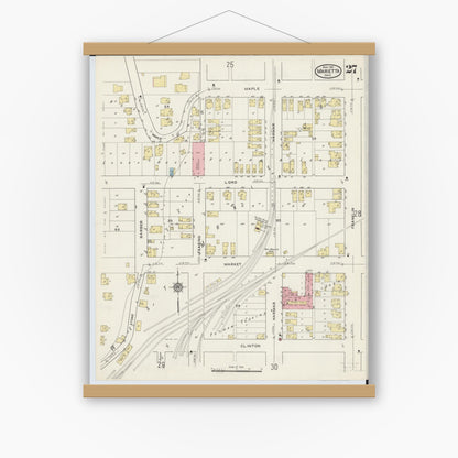 Old map wall art mockup — magnetic wood frame on white wall — Sanborn Fire Insurance Map from Marietta, Washington County, Ohio (1915), Sheet #0027