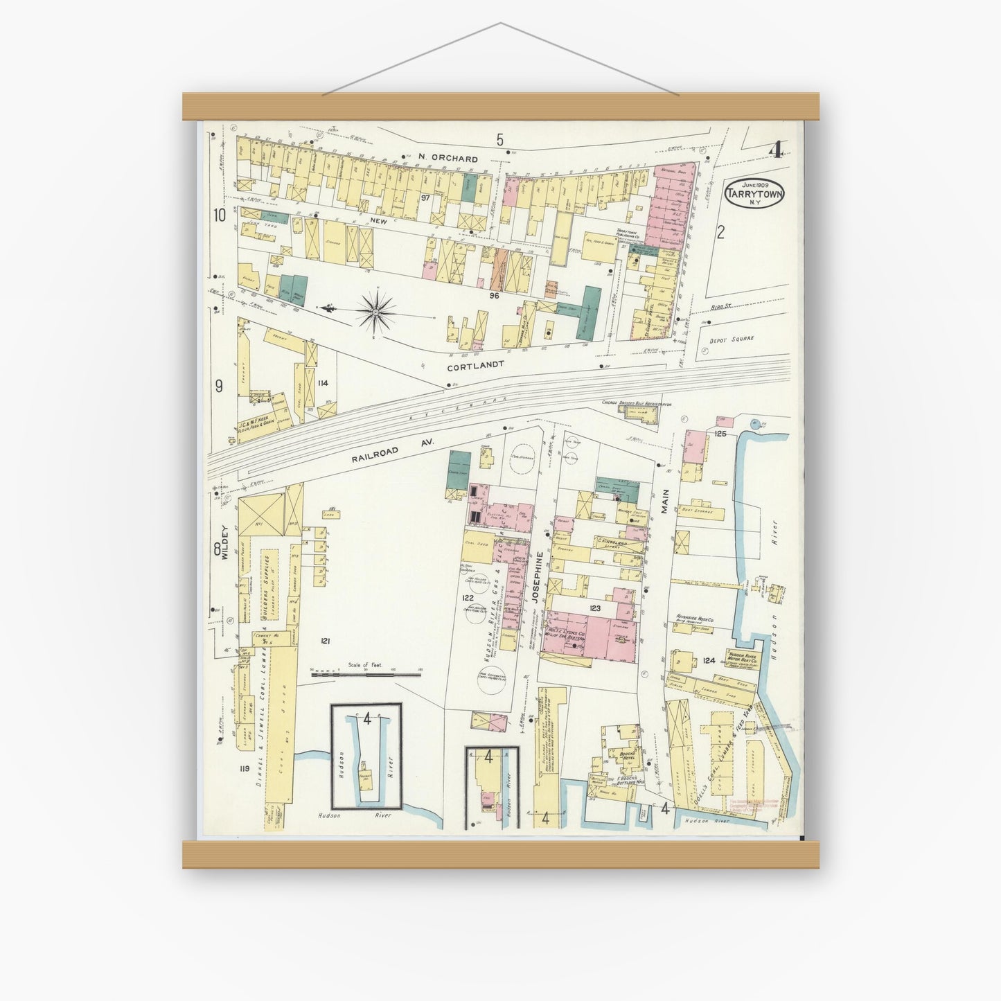 Old map wall art mockup — magnetic wood frame on white wall — Sanborn Fire Insurance Map from Tarrytown, Westchester County, New York (1909), Sheet #0004