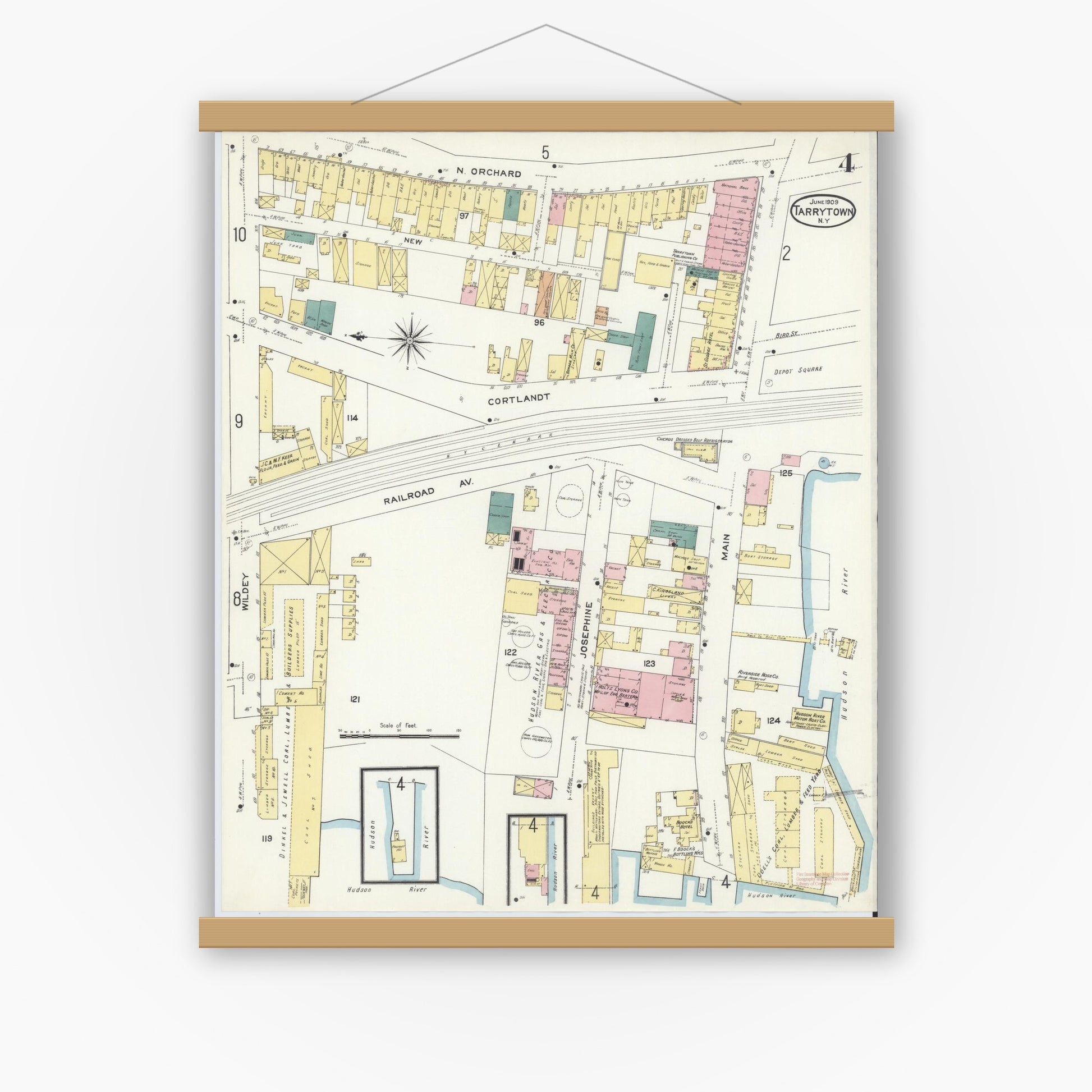 Old map wall art mockup — magnetic wood frame on white wall — Sanborn Fire Insurance Map from Tarrytown, Westchester County, New York (1909), Sheet #0004