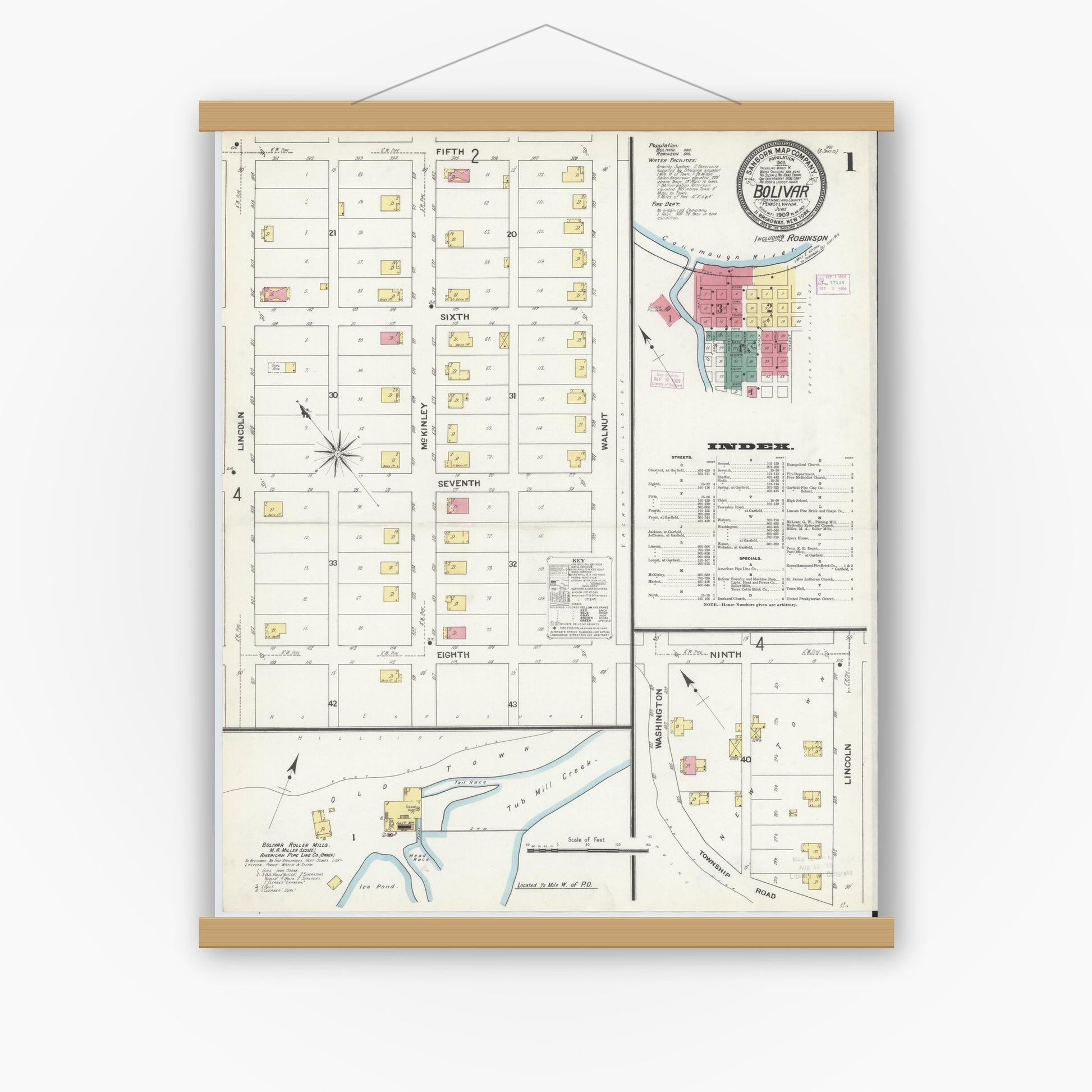 Old map wall art mockup — magnetic wood frame on white wall — Sanborn Fire Insurance Map from Bolivar, Westmoreland County, Pennsylvania (1909) - Complete Map Set