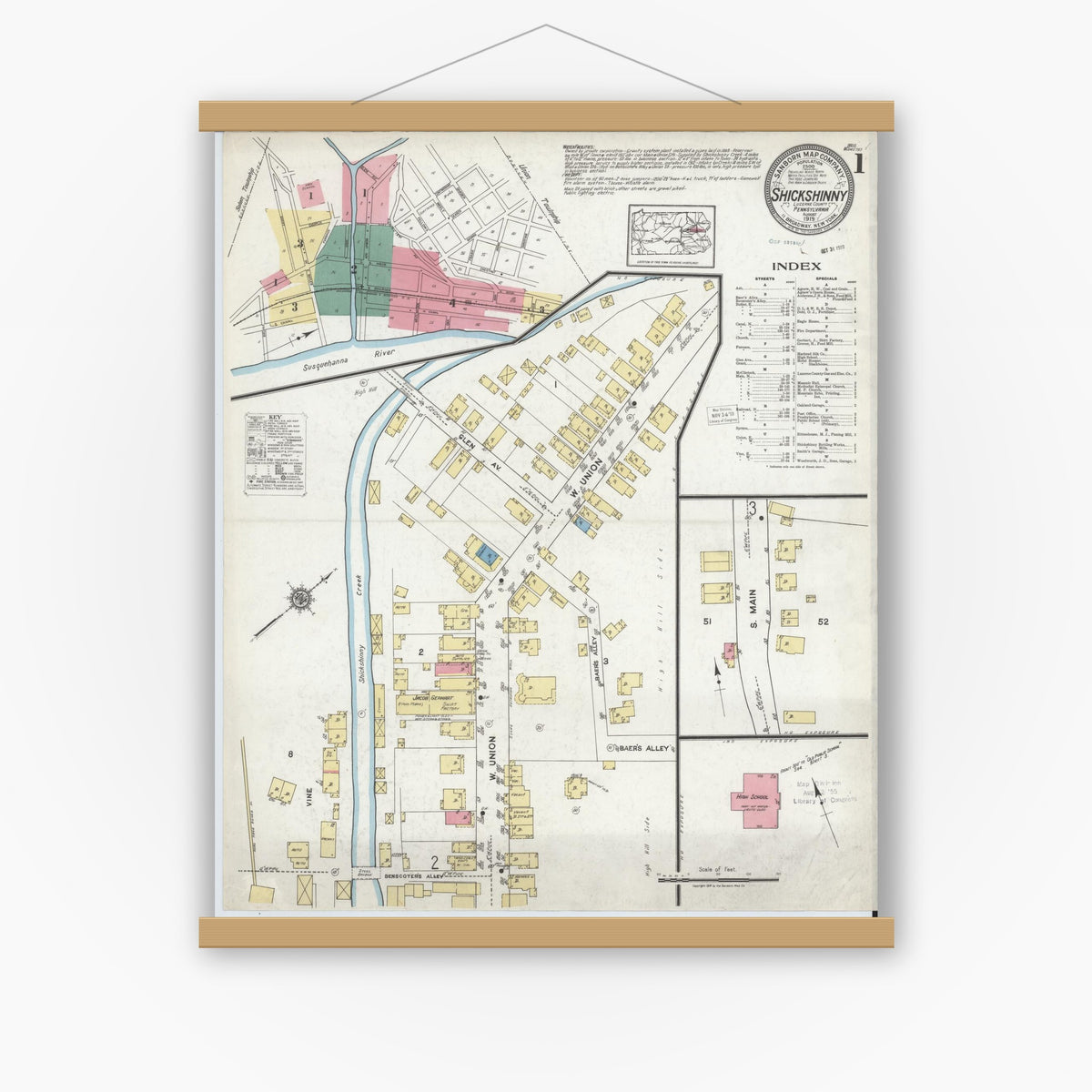 Old map wall art mockup — magnetic wood frame on white wall — Sanborn Fire Insurance Map from Shickshinny, Luzerne County, Pennsylvania (1919), Sheet #0001