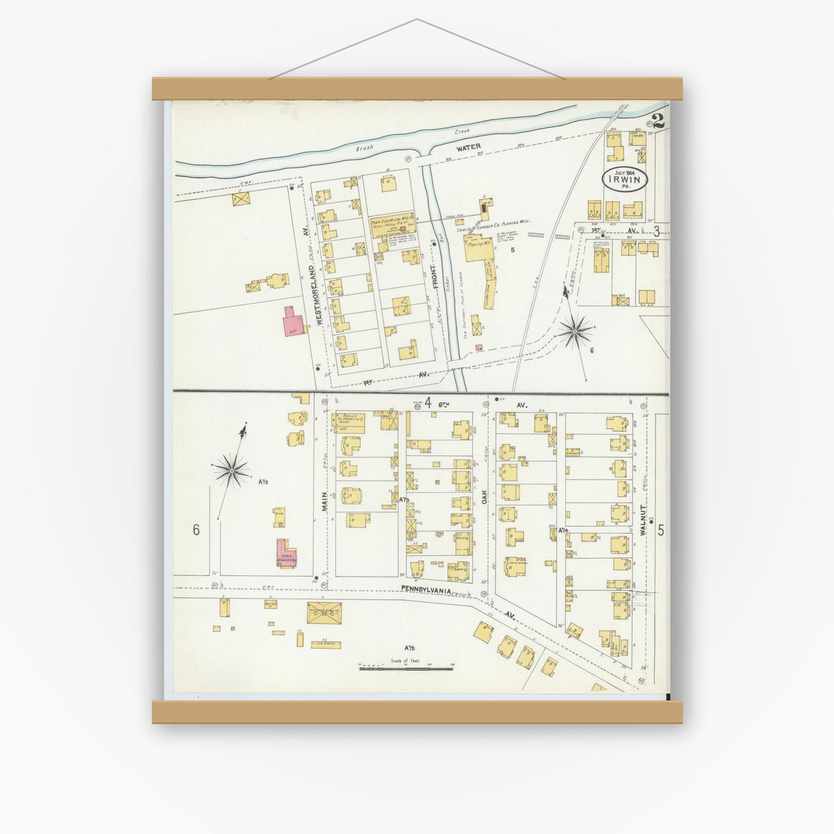 Old map wall art mockup — magnetic wood frame on white wall — Sanborn Fire Insurance Map from Irwin, Westmoreland County, Pennsylvania (1904), Sheet #0002