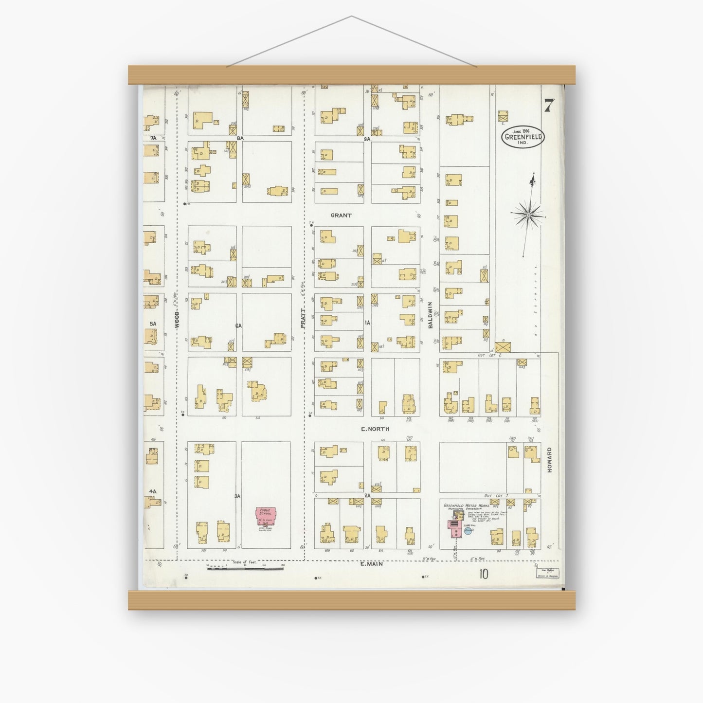 Old map wall art mockup — magnetic wood frame on white wall — Sanborn Fire Insurance Map from Greenfield, Hancock County, Indiana (1906), Sheet #0007