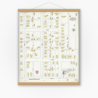 Old map wall art mockup — magnetic wood frame on white wall — Sanborn Fire Insurance Map from Greenfield, Hancock County, Indiana (1906), Sheet #0007