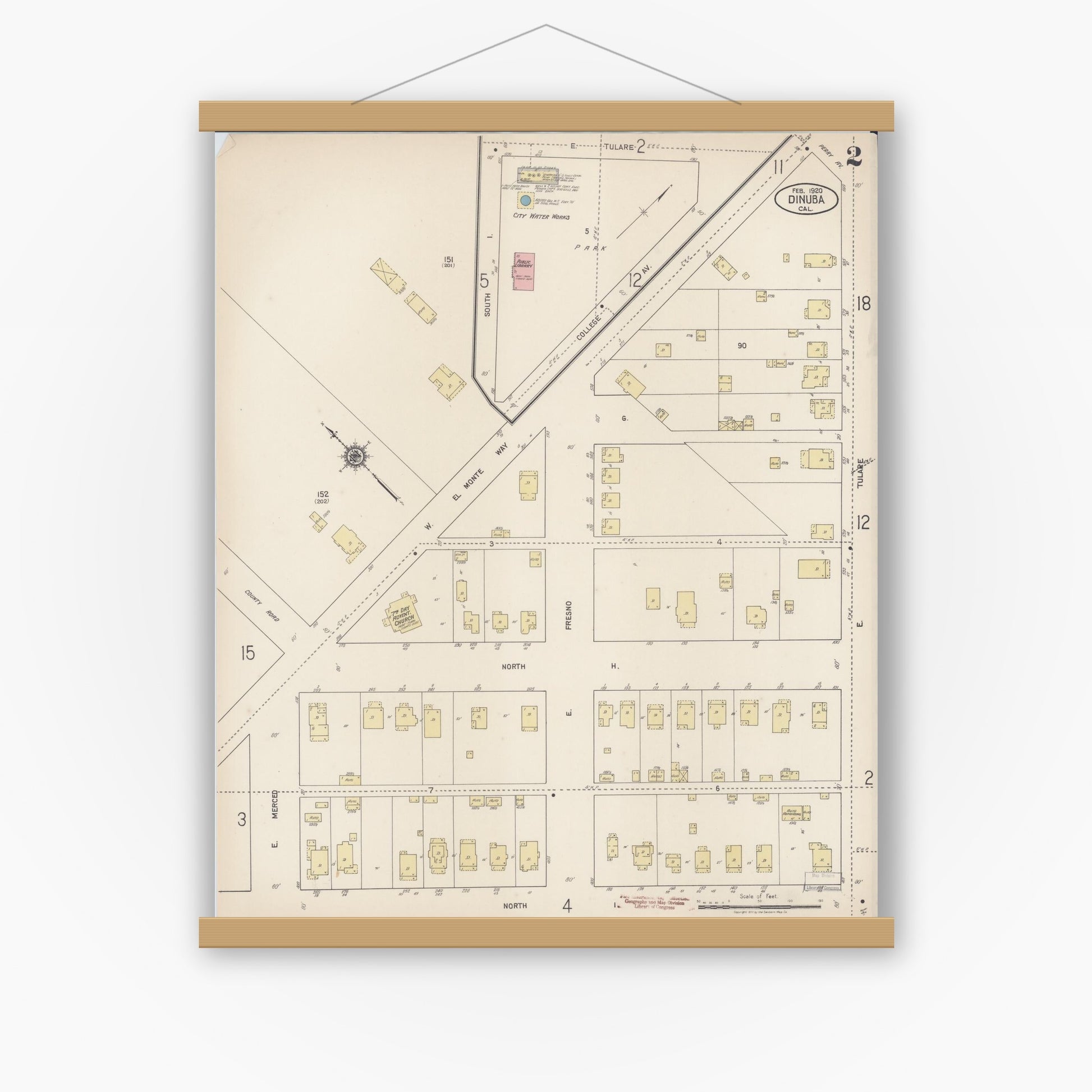 Old map wall art mockup — magnetic wood frame on white wall — Sanborn Fire Insurance Map from Dinuba, Tulare County, California (1920), Sheet #0002
