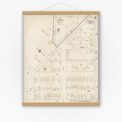 Old map wall art mockup — magnetic wood frame on white wall — Sanborn Fire Insurance Map from Dinuba, Tulare County, California (1920), Sheet #0002